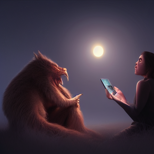 With the full moon shining above, the creature and one of the scientists share a moment as they communicate through a device that translates the creature's language, revealing its true nature and intentions.